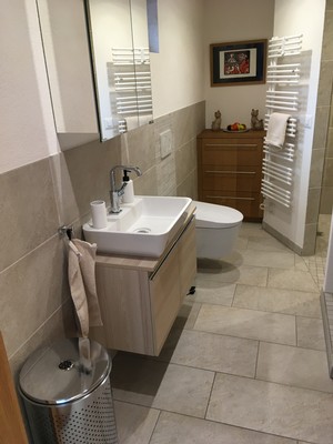 Neues Gästebad mit Waschtisch, WC und Handtuchheizkörper